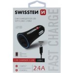 Napájecí adaptér SWISSTEN 2x USB-A + USB-C Napájecí adaptér, do auta, 2x USB-A, vstup 12-24V, výstup 5V/2,4A, černý + USB-C kabel 20110908 – Zboží Mobilmania