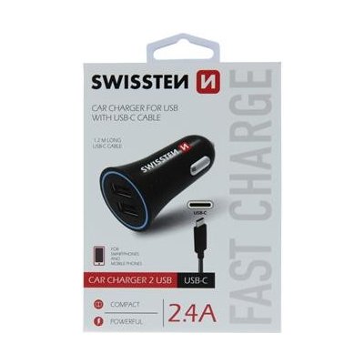 Napájecí adaptér SWISSTEN 2x USB-A + USB-C Napájecí adaptér, do auta, 2x USB-A, vstup 12-24V, výstup 5V/2,4A, černý + USB-C kabel 20110908