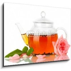 WEBLUX Skleněný obraz 1D - 100x70cm - teapot of tea with rose isolated on  white čajová konvice s růží izolovaných na bílém obraz - Nejlepší Ceny.cz