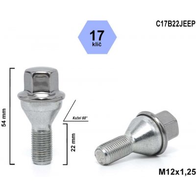 Kolový šroub M12x1,25x22 kužel, klíč 17, C17B22JEEP, výška 54 mm – Hledejceny.cz