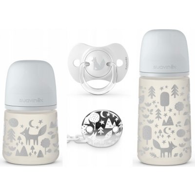 Suavinex sada lahev 270ml + 150ml + šidítko celosilikon klip Fox šedá – Hledejceny.cz