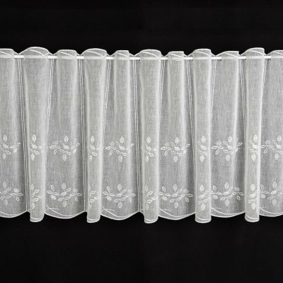Českomoravská textilní vitrážová záclona, polyesterový batist V911, vyšívané lístky, s bordurou, bílá, výška 60cm (v metráži) – Zboží Mobilmania