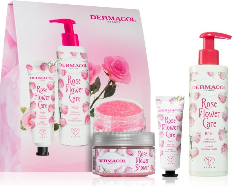 Dermacol Flower Care cukrový tělový peeling 200 g + krém na ruce 30 ml + krémové mýdlo na ruce 250 ml kosmetická sada