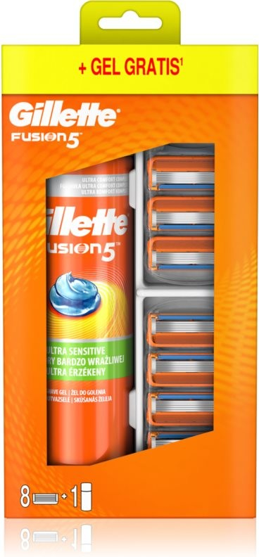 Gillette Fusion5 Fusion5 náhradní břity 8 ks + Fusion5 Ultra Sensitive gel na holení pro citlivou pleť 200 ml dárková sada