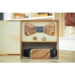 Wood Style Set Hranatý Kořenice opasek motýlek a manžetové knoflíčky WS Modrotisk