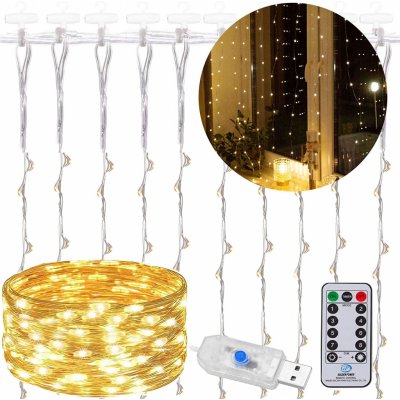 SPRINGOS LED Nano světelný závěs 2x2m 200LED 8 funkcí ovladač USB IP44 teplá bílá – Zboží Dáma