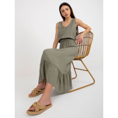 Maxi šaty s volánem a elastickým pasem D73761R30391A khaki – Zboží Mobilmania