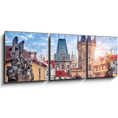 Obraz 3D třídílný - 150 x 50 cm - Sunrise on Charles bridge in Prague Czech Republic picturesque Východ slunce na Karlově mostě v Praze, Česká republika, malebné – Hledejceny.cz