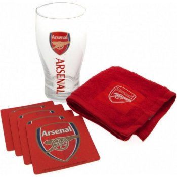 CurePink Sklenice FC Arsenal Wordmark bar set s tácky ručníkem 470 ml