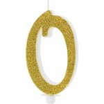 PARTYDECO Dortová svíčka se zlatým třpytem, číslo – 0 – Zboží Dáma