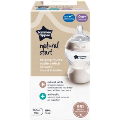Tommee Tippee Natural Start samosterilizační kojenecká láhev s Anti Colic savičkou pomalý průtok 1 ks čirá 260 ml – Hledejceny.cz