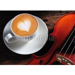 WEBLUX 42963214 Fototapeta plátno Latte art and violin on wooden table Latte umění a housle na dřevěném stole rozměry 160 x 116 cm – Zbozi.Blesk.cz