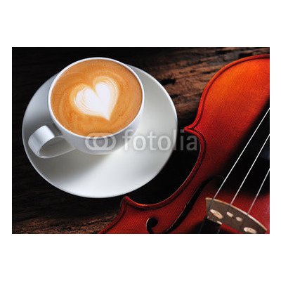 WEBLUX 42963214 Fototapeta plátno Latte art and violin on wooden table Latte umění a housle na dřevěném stole rozměry 160 x 116 cm – Zboží Mobilmania