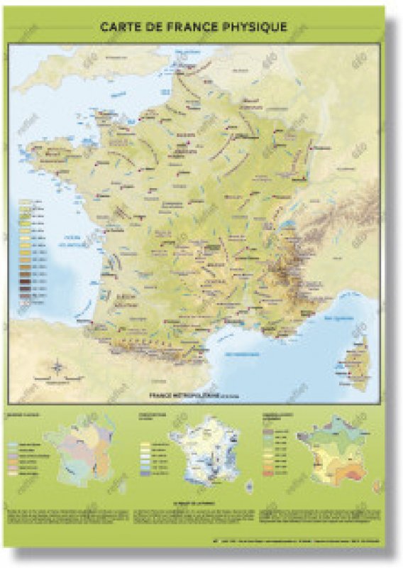 Carte De France Physique Relief Et Hydrographie Poster Plastifi A0 