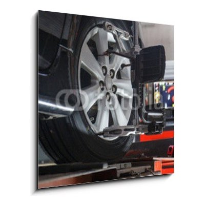 Obraz 1D - 50 x 50 cm - Car on stand with sensors on wheels for wheels alignment camber Automobil na stojanu se senzory na kolečkách pro vychycení koleček – Hledejceny.cz