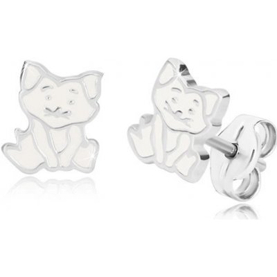 Šperky eshop stříbrné náušnice kočka vsedě detailní obrys a glazura bílé barvy S41.02