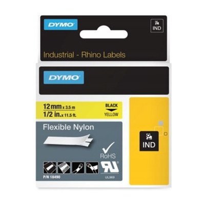 Originální páska do tiskárny Dymo štítků, Dymo, 18490, černý tisk/žlutý podklad, 3.5m, 12mm, RHINO flexibilní nylonová – Zboží Živě