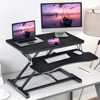 COSTWAY Sit-Stand Výškově nastavitelný stůl s podstavcem pro klávesnici, stojanem na monitor a držákem na tablet pro monitor nebo notebook černý