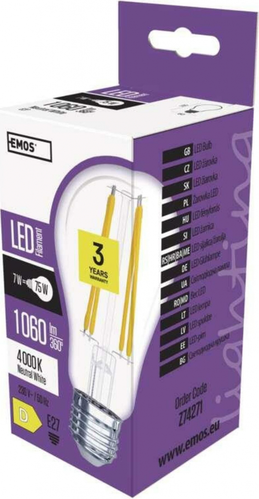 Emos LED žárovka Filament A60 A++ 8W E27 neutrální bílá