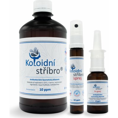 Koloidní stříbro s.r.o. | Koloidní stříbro 500 ml + 25 ml sprej + 30 ml N sprej 10 ppm dárková sada – Zboží Mobilmania