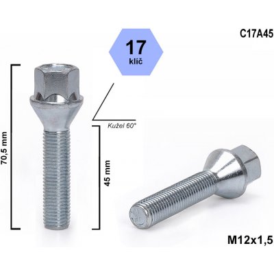 Kolový šroub M12x1,5x45 kužel, klíč 17, C17A45 výška 70,5 mm – Zbozi.Blesk.cz