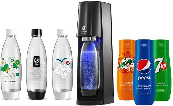 SodaStream E-Terra Black + láhve FUSE 3 x 1l + Sirup Pepsi 440 ml + Mirinda 440 ml + 7UP 440 ml