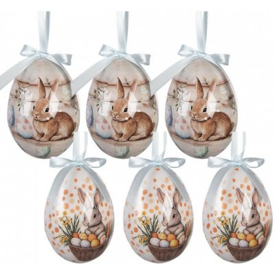 Clayre & Eef 6ks dekorace bílé a béžové závěsné vajíčko s králíčky Spring Egg - Ø 7*10 cm – Hledejceny.cz