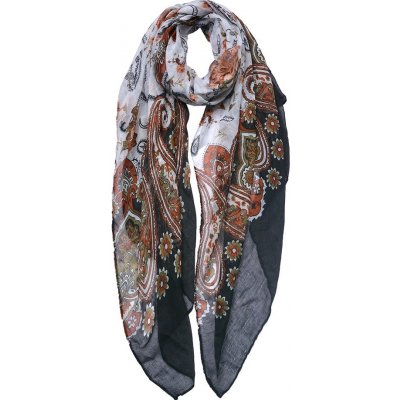 dámský šátek s květy a ornamenty černo-bílý