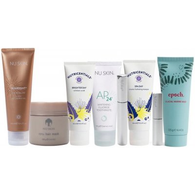 NuSkin Beauty Essentials Kit Tanning Gel 125 ml + Hair Mask 100 g + Scrub 100 ml + Lip Balm Pink Tinge 4,5 g + Toothpaste 110 g + Mascara Black 9 g + Hydrating Masque 100 ml + Mud Mask 200 g dárková s