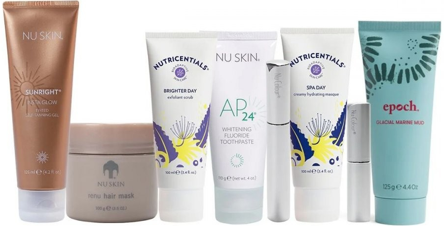 NuSkin Beauty Essentials Kit Tanning Gel 125 ml + Hair Mask 100 g + Scrub 100 ml + Lip Balm Pink Tinge 4,5 g + Toothpaste 110 g + Mascara Black 9 g + Hydrating Masque 100 ml + Mud Mask