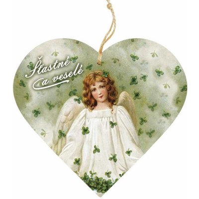 Bohemia Gifts Dřevěné dekorační srdce s potiskem Anděl se čtyřlístky 12 cm – Zboží Mobilmania