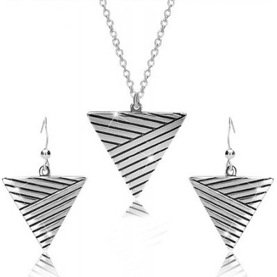 Šperky eshop sada ze stříbra náhrdelník a náušnice obrácený trojúhelník s patinovanými liniemi R43.27 – Zbozi.Blesk.cz