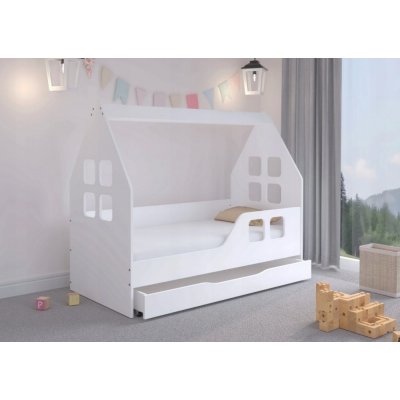 DumDekorace Okouzlující dětská postel su šuplíkem 140 x 70 cm bílé barvy ve tvaru domečku