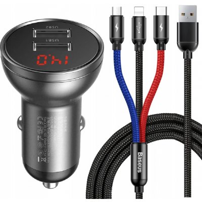 Baseus Digital Display set duálního adaptéru do automobilu 2* USB-A a opleteného kabelu 3v1 4,8A, TZCCBX-0G – Zbozi.Blesk.cz