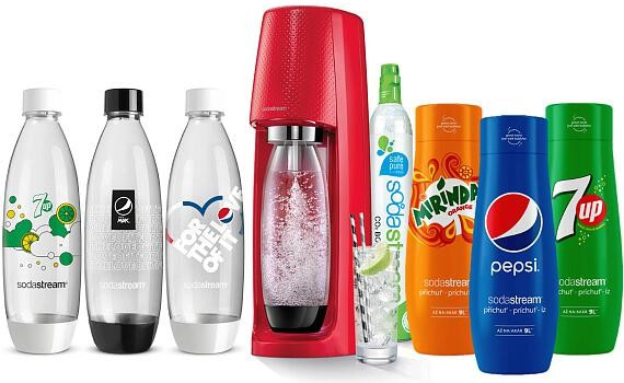 SodaStream Spirit Red + láhve FUSE 3 x 1l + Sirup Mirinda 440 ml + Sirup 7UP 440 ml + Sirup Pepsi 440 ml