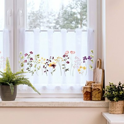 Olzatex žakárová vitrážová záclona KVÍTÍ TISK, barevné květiny, bílá, s bordurou, výška 48cm (v metráži) – Zboží Mobilmania
