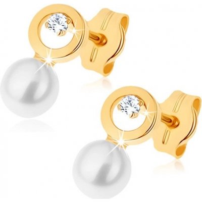 Šperky eshop ve žlutém zlatě kontura kruhu s čirým zirkonkem bílá perla GG71.01