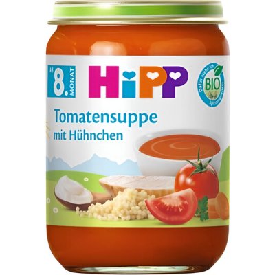 HiPP BIO Rajčatová polévka s nudlemi a kuřecím masem 190 g – Sleviste.cz
