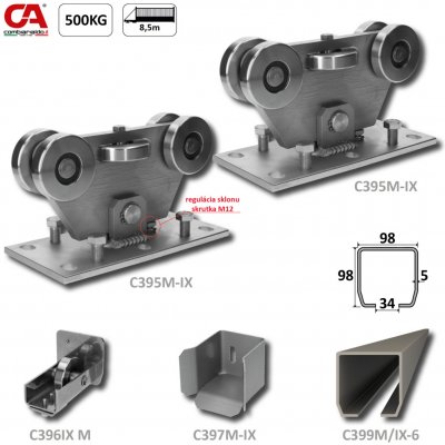 MEDIO INOX (98x98mm) nerezový samonosný systém pre posuvné brány do 500kg/ otvor: 8,5m (C399M-IX 1x6m nerezový profil, C395M/IX 2ks, C397M-IX 1ks, C396M-IX 1 ks), nerez AISI304 bez povrch. úpravy – Zboží Mobilmania