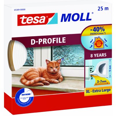 Tesamoll Gumové těsnění na okna a dveře D profil, extra široké 3-7 mm bílá, 25 m x 9 x 7 mm – Zboží Mobilmania