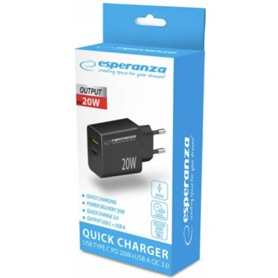ESPERANZA nabíječka 20 W USB-C PD 20 W / USB-A QC 3.0 18 W – černá – Zboží Živě