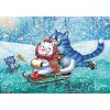 Lovely Cards Pohlednice Modré kočky - Sáňkování na ledu