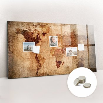 tulup Magnetická Tabule na Zeď Skleněná - Memo Board Kleněnou Přední Stranou - 5 magnetů v balení - 120 x 60 cm - Stará mapa světa