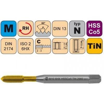 NÁSTROJE CZ Tvářecí závitník M10x1,5 6HX HSSCo5 TiN DIN 2174 s mazací drážkou - 2960 - CZZ2960-M10-6HX – Zboží Mobilmania