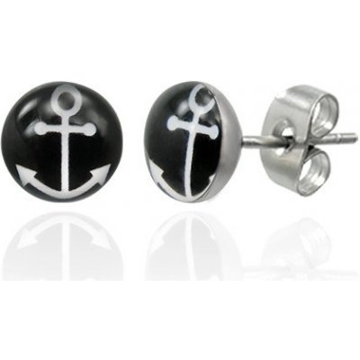 Šperky eshop puzetové ocelové náušnice s bílým symbolem kotvy na černém kruhu G5.26 – Zboží Mobilmania