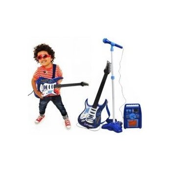ISO rocková elektrická kytara + zesilovač a mikrofon modrá