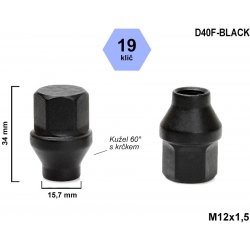 Kolová matice M12x1,5 kužel s krčkem 15,7 zavřená, klíč 19, D40F-BLACK, výška 34 mm, délka krčku 6 mm, černá