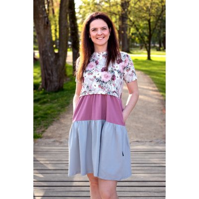 Jsem máma Volnočasové kojicí šaty s kapsami Růžičky na šedé – Zboží Dáma