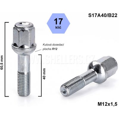 Kolový šroub M12x1,5x40 kulový R12, Mercedes, klíč 17, S17A40/B22, výška 66