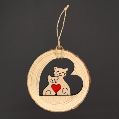 Amadea dřevěná kočka a kotě v kruhu na zavěšení masivní dřevo 10 cm – Zboží Mobilmania
